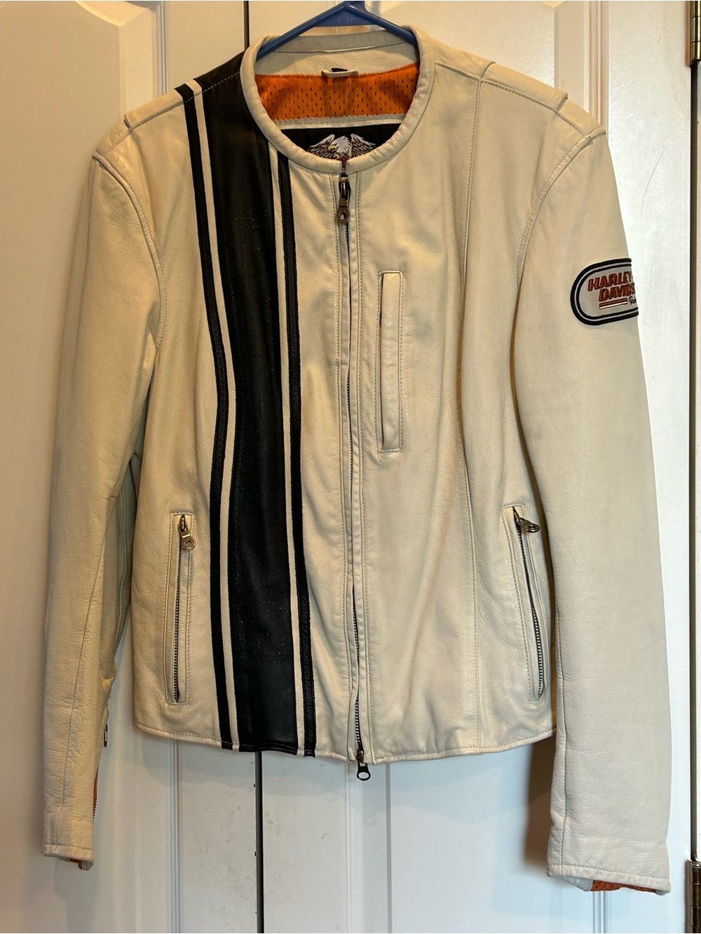 Harley-Davidson Cream Leather Jacket with Black Racing Stripe